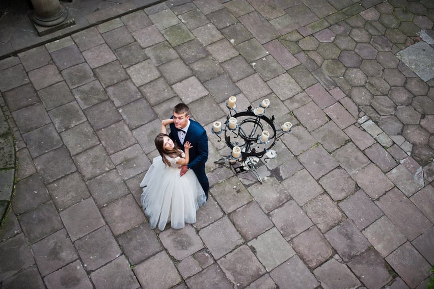 Wedding couple. Photo from quad copter drone view